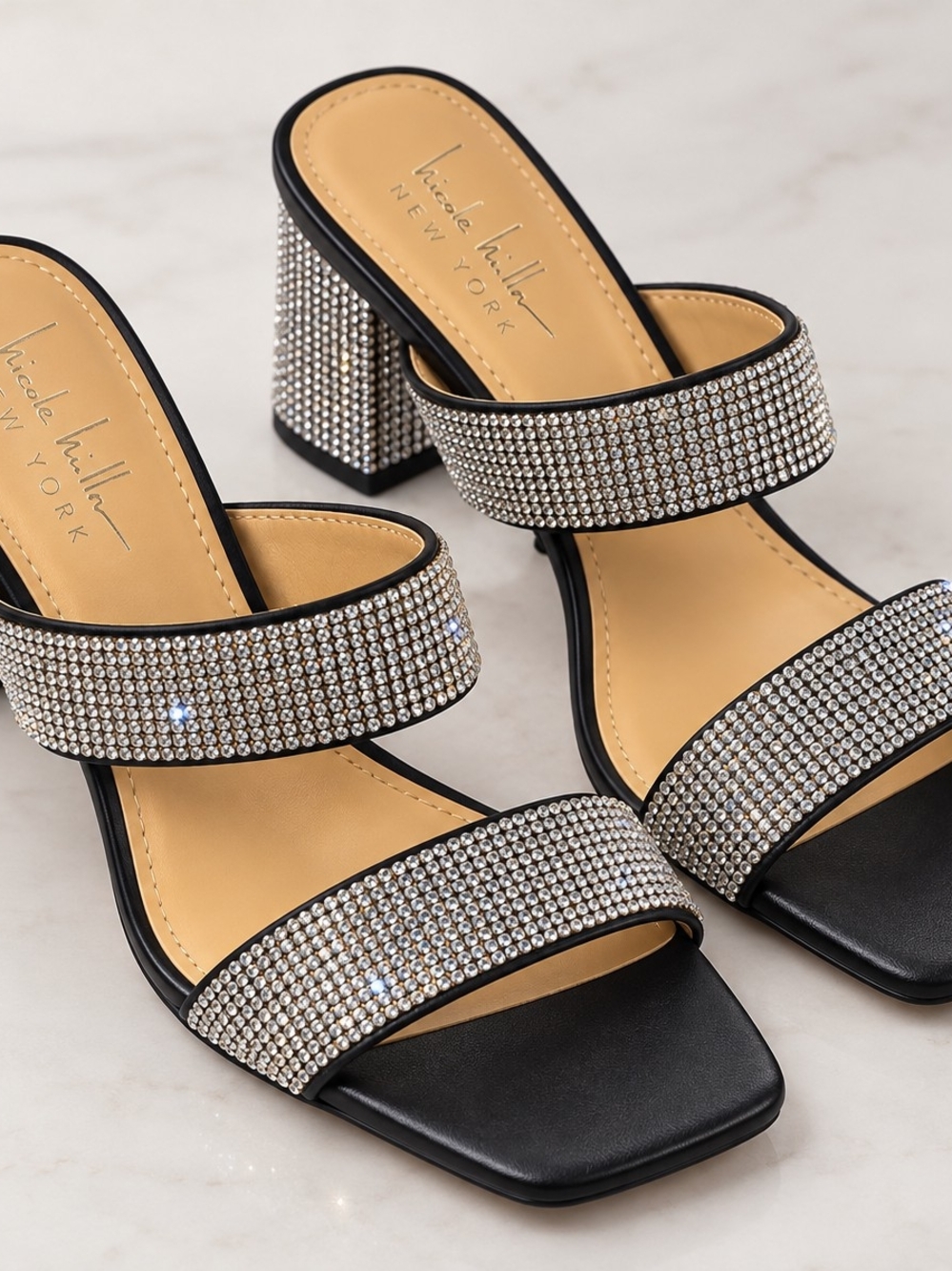 Nicole Miller New York Black Crystal Double-Strap Heeled Sandals